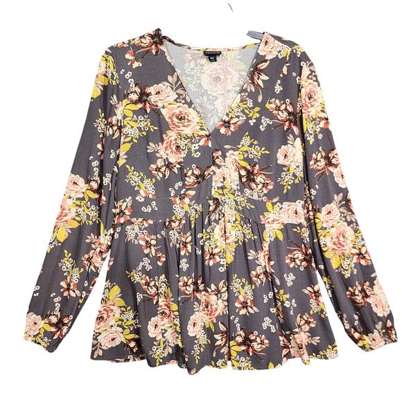 Torrid Babydoll Rayon Crepe Top Torrid Size 00 Floral Gray Peasant Boho Artsy - Picture 1 of 9